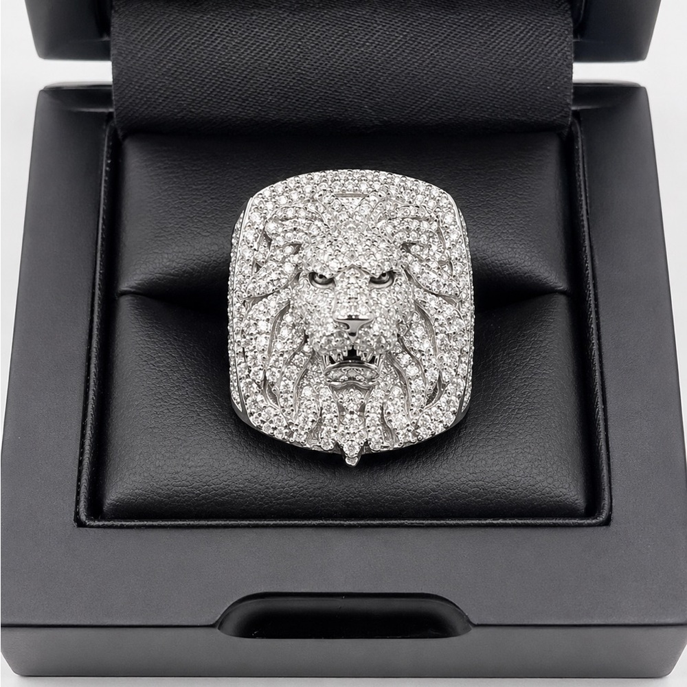 Pave 2.50CT ICED OUT MOISSANITE Lion Head Statement Ring in 925 Sterling Silver